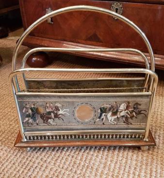 Victorian Brass Magazine Rack with Engraved Decorative Panels