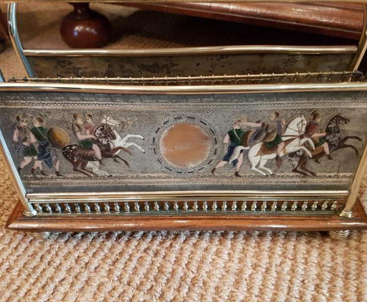 Victorian Brass Magazine Rack with Engraved Decorative Panels - Image 2