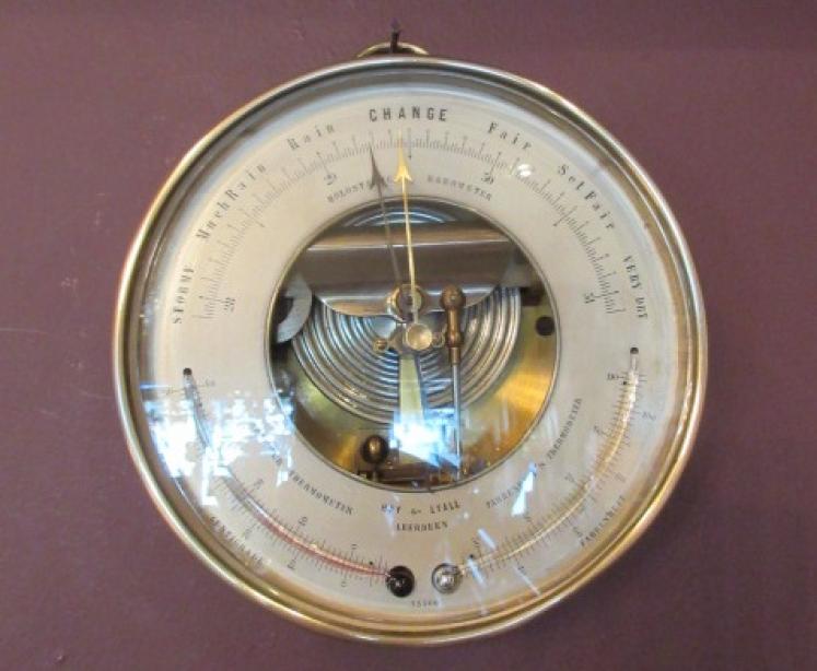 Antique Bronze Cased Twin Thermometer Marine Barometer - Image 5