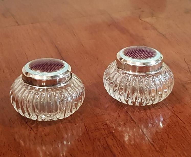 Pair of Mauve Enamel on Silver Cut Crystal Rouge Pots - Image 1