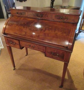 Antique Mahogany Sheraton Inlaid Cylinder Top Desk