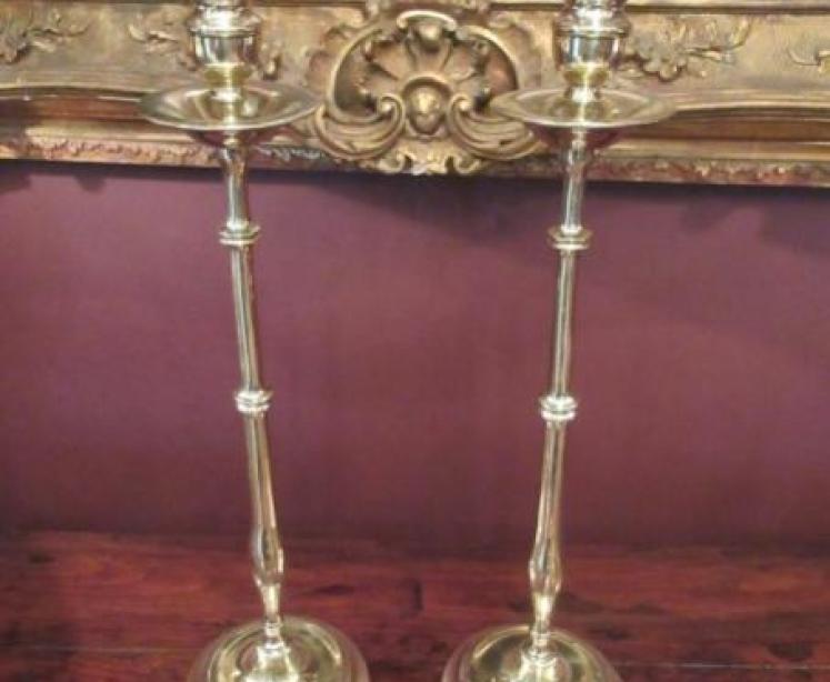 Tall Pair of Mid Victorian Cast Brass Candlesticks - Image 1