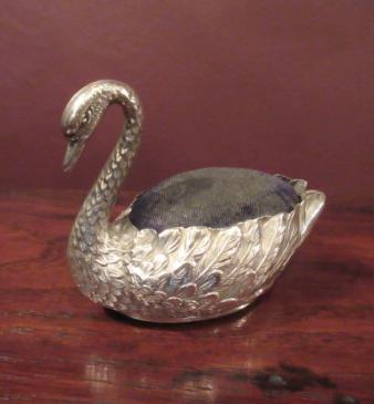 Large Edwardian Antique Silver 'Swan' Pin Cushion