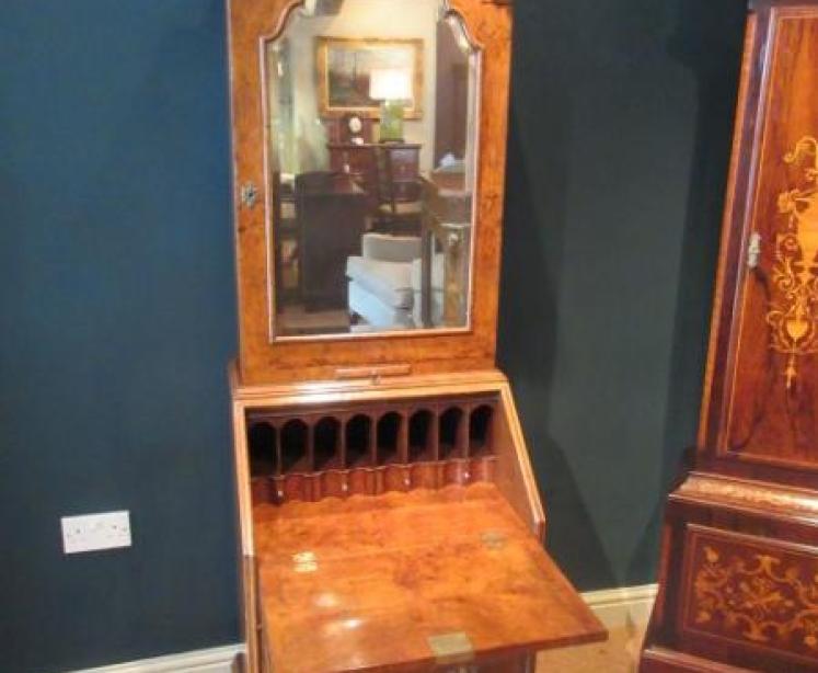 Small Antique Burr Walnut Bureau Bookcase - Image 1