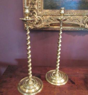 Tall Pair of Antique Cast Brass Twisted Candlesticks