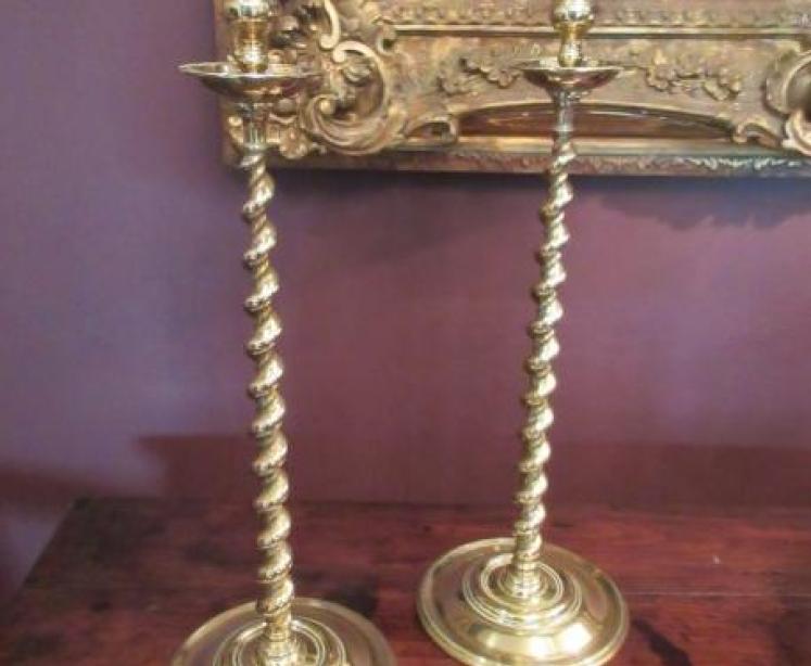 Tall Pair of Antique Cast Brass Twisted Candlesticks - Image 1