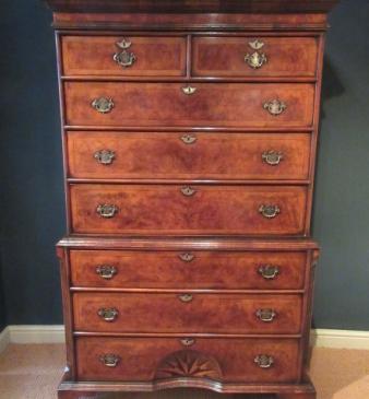 Superb Antique Burr Walnut Sunburst Chest on Chest
