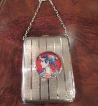 Antique Silver & Egyptian Lady Porcelain Plaque Card Case