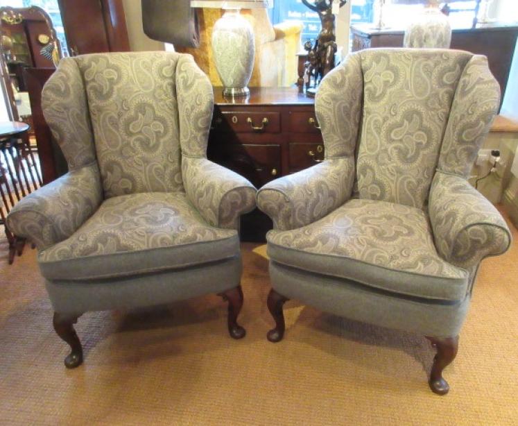 Superb Pair of Antique Upholstered Wing Back Armchairs - Image 1