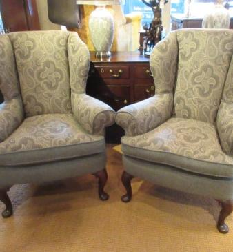 Superb Pair of Antique Upholstered Wing Back Armchairs