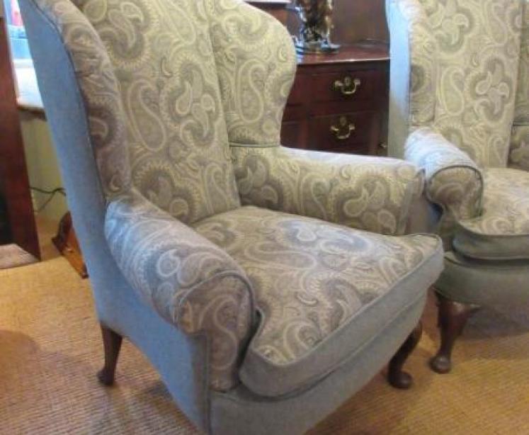 Superb Pair of Antique Upholstered Wing Back Armchairs - Image 2