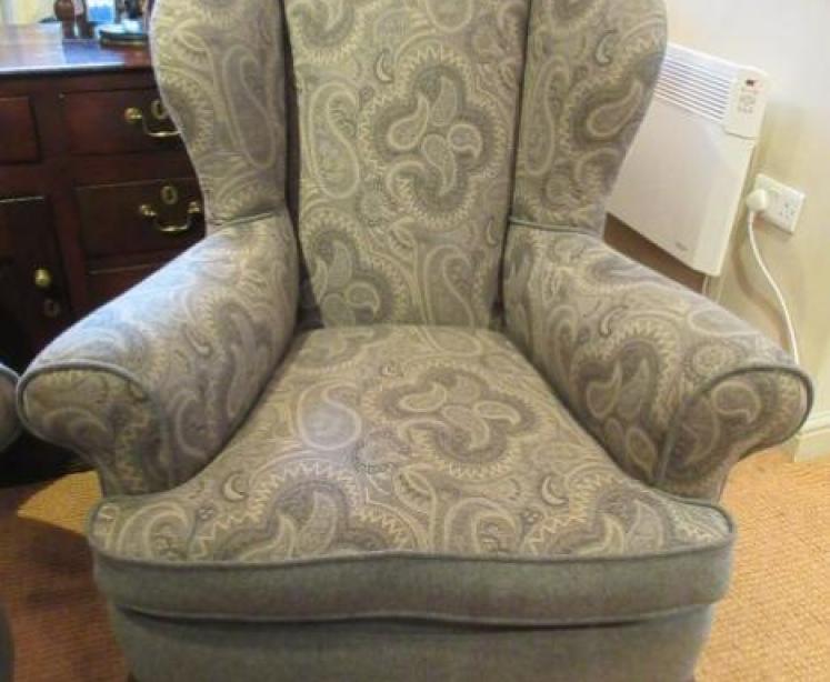 Superb Pair of Antique Upholstered Wing Back Armchairs - Image 4
