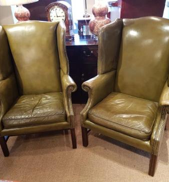 Pair Of Antique 1920's Olive Hide Wing Back Chairs