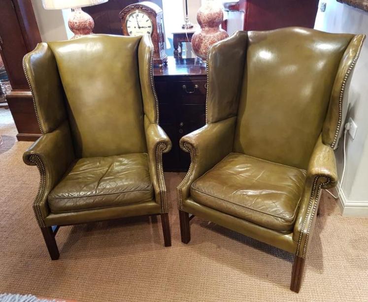 Pair Of Antique 1920's Olive Hide Wing Back Chairs - Image 1