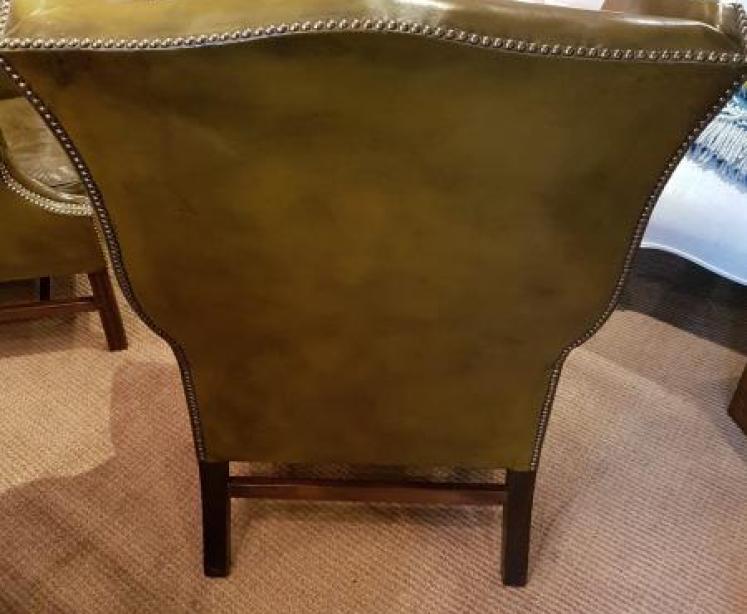 Pair Of Antique 1920's Olive Hide Wing Back Chairs - Image 4