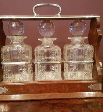 Victorian Oak & Silvered Tilting Three Bottle Tantalus