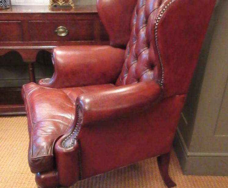 Antique Leather Button Back Wing Armchair - Image 5