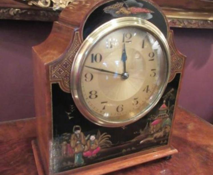 Edwardian Antique Walnut Cased Chinoiserie Mantel Clock - Image 1