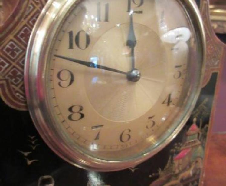 Edwardian Antique Walnut Cased Chinoiserie Mantel Clock - Image 2