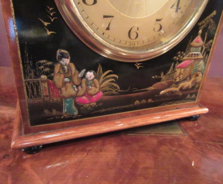 Edwardian Antique Walnut Cased Chinoiserie Mantel Clock - Image 3