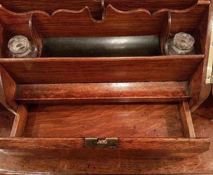 Superb Antique Brass Bound Oak Fitted Stationary Box - Image 3