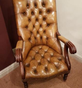 Antique Button Back Leather Open Am Chair