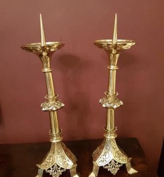 Large Pair of Victorian Cast Brass Church Candlesticks