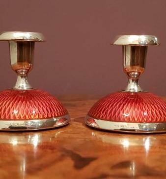 Pair of Small Silver and Enamel Candlesticks