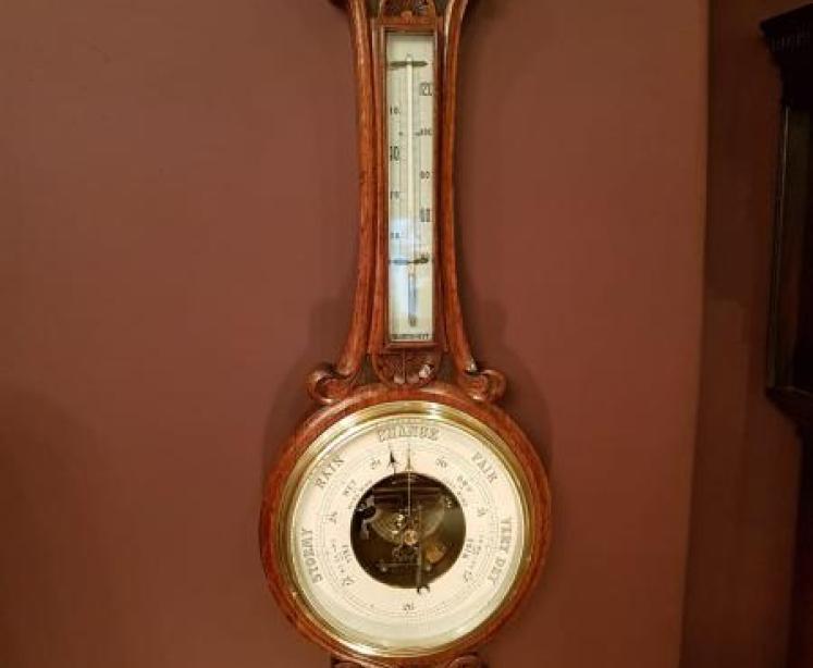 Victorian Carved Oak Banjo Barometer with Skeletonised Movement - Image 1