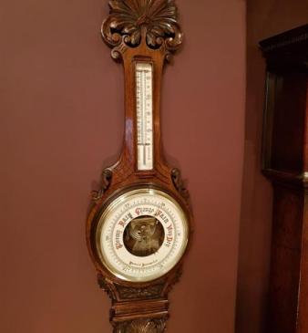 Antique Victorian Carved Oak Banjo Barometer with Skeletonised Movement
