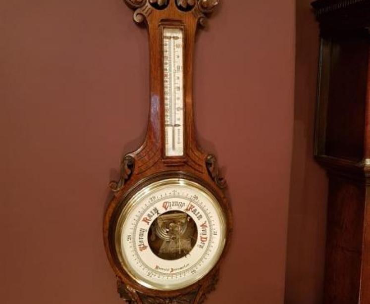 Antique Victorian Carved Oak Banjo Barometer with Skeletonised Movement - Image 1