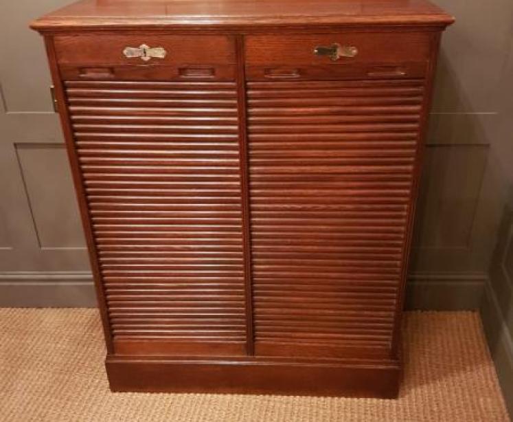 Antique Solid Oak Tambour Front Double File Cabinet - Image 2