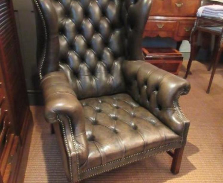Antique Leather Buttoned Wing Back Armchair - Image 1