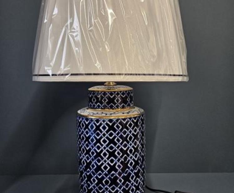 Blue and White Gilt Edge Lamp and Shade  - Image 1