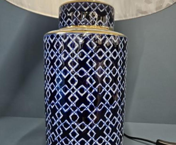Blue and White Gilt Edge Lamp and Shade  - Image 2