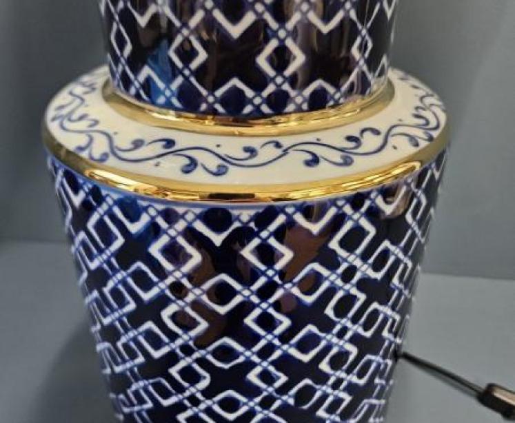 Blue and White Gilt Edge Lamp and Shade  - Image 3