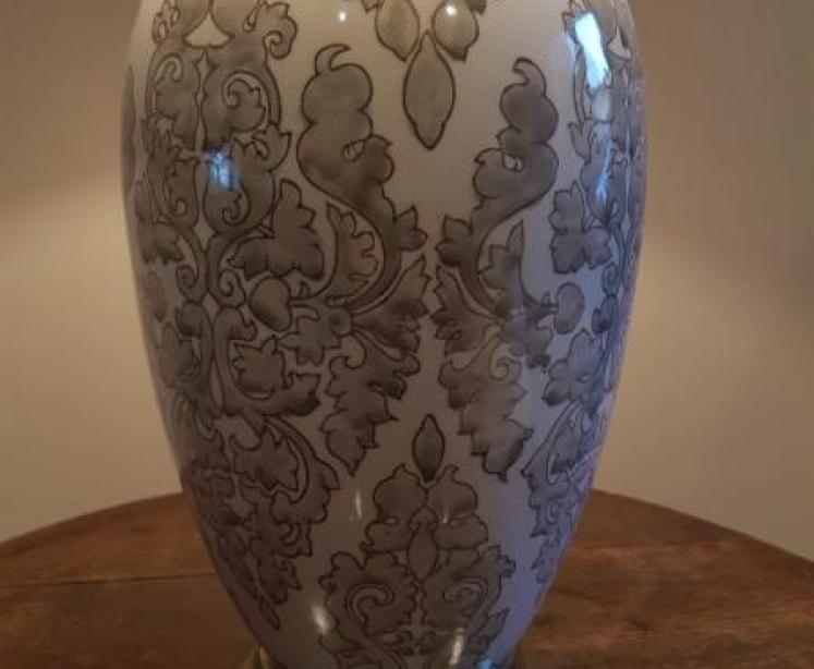 Grey Patterned Porcelain Table Lamp and Shade - Image 3