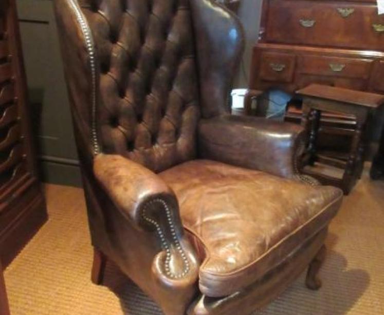 Antique Wing Back Armchair with Original Hide Upholstery  - Image 1
