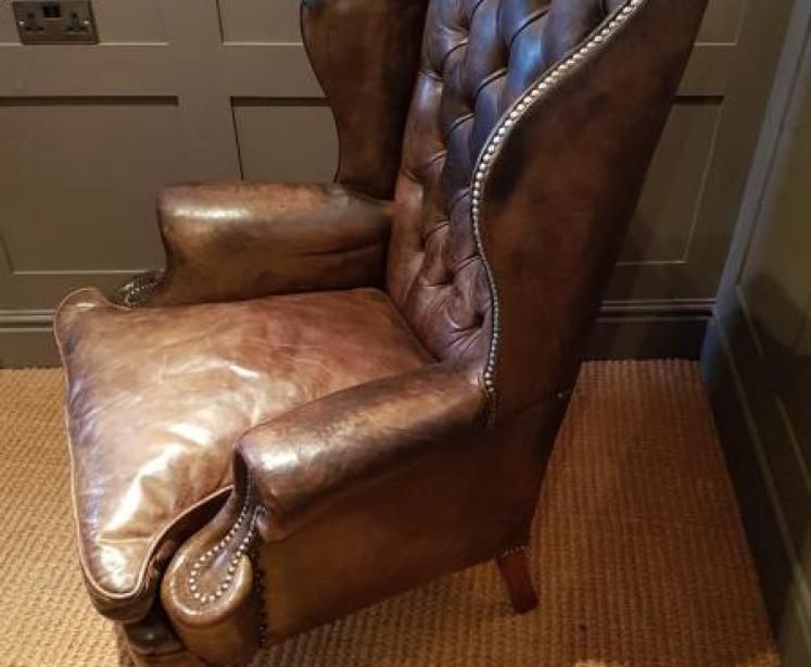 Antique Wing Back Armchair with Original Hide Upholstery  - Image 3