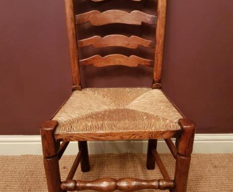 Set of Six Ash and Elm Rush Seat Ladder Back Chairs - Image 5