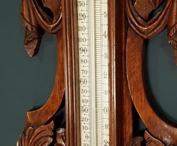 Impressive Antique Victorian Carved Oak Banjo Barometer - Image 3