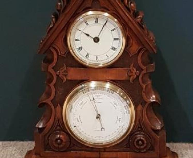 Victorian Carved Oak Desktop Clock and Barometer - Image 1