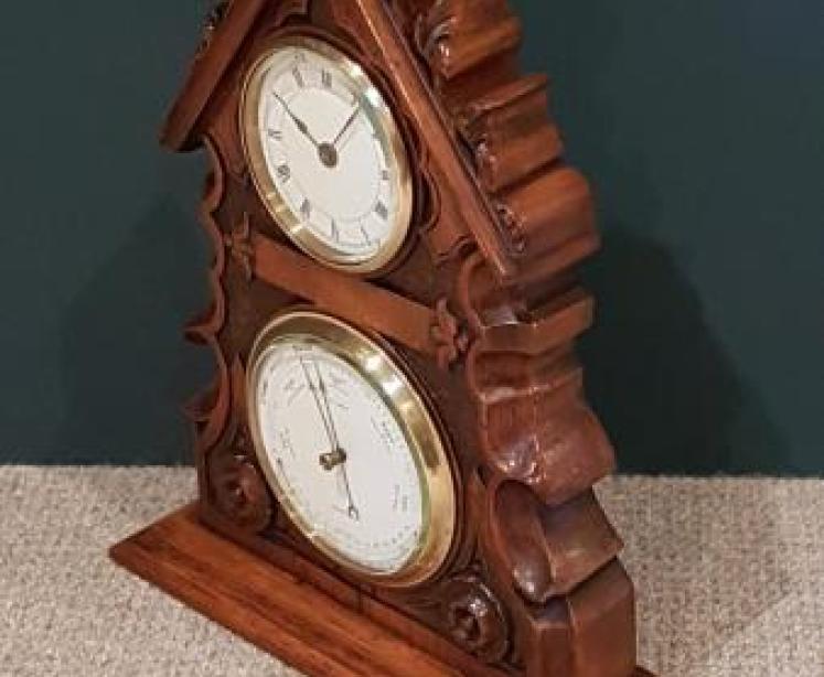 Victorian Carved Oak Desktop Clock and Barometer - Image 2