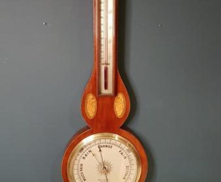 Antique Sheraton Inlaid Banjo Barometer by Maple & Co London - Image 1