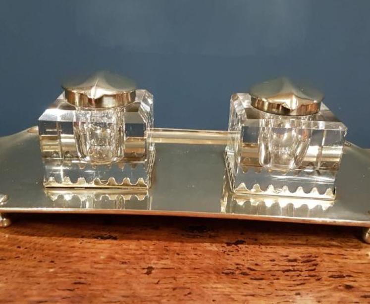 Large Art Nouveau Brass and Cut Crystal Ink Stand - Image 1