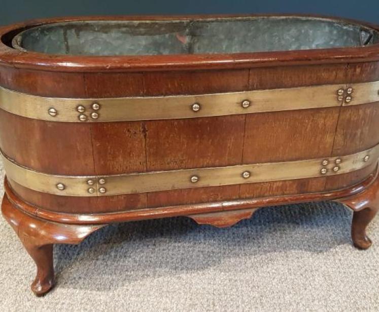 Antique Brass Bound Mahogany Planter and Liner - Image 1