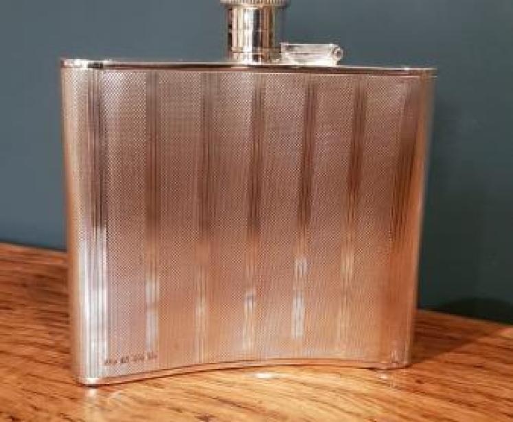 Antique Solid Silver Engine Turned Hip Flask - Image 1