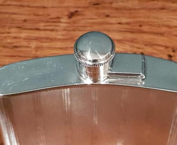 Antique Solid Silver Engine Turned Hip Flask - Image 3