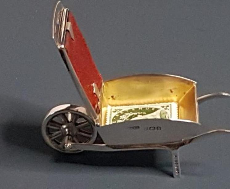 Antique Silver Wheelbarrow Stamp Box - Image 4