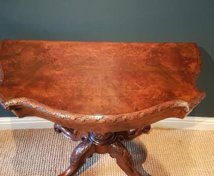 Mid Victorian Burr Walnut Fold Over Card Table - Image 4